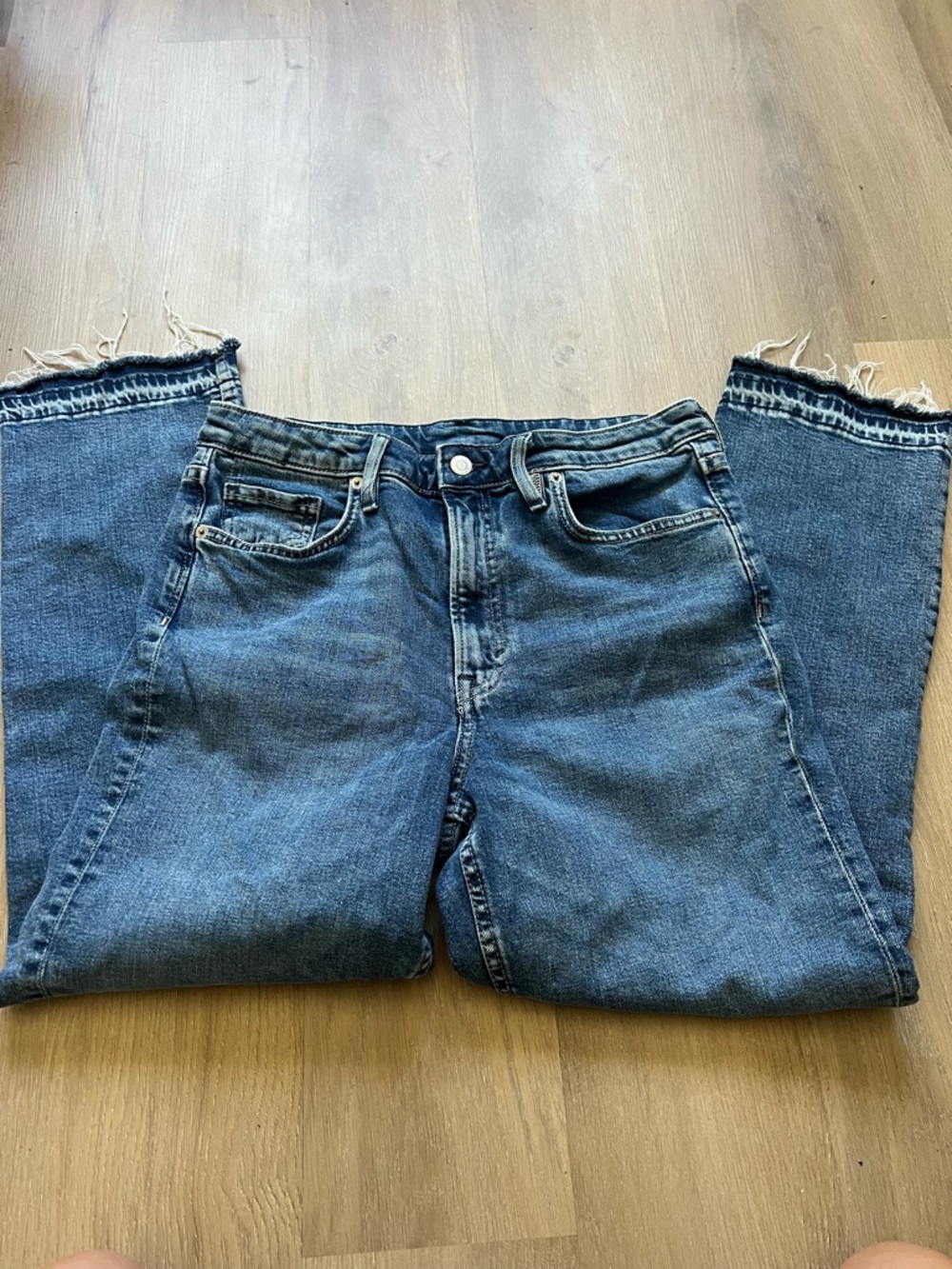 H&M Women's Bootcut Jeans in Blue Denim with Frayed Hem
